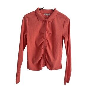 Zara Ribbed Button-Up Ruched Top Women Size L Long Sleeves Salmon Pink Blouse